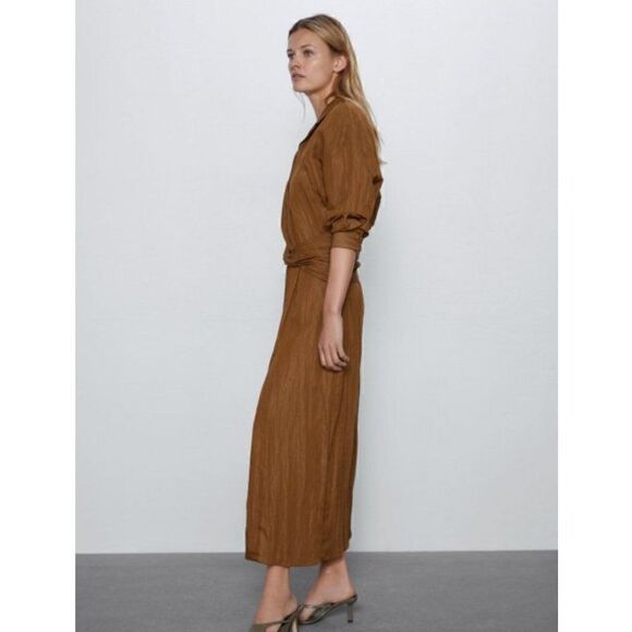 NWOT ZARA Blogger Favorite Brown Caramel Draped Shirt Maxi Dress - Picture 6 of 15